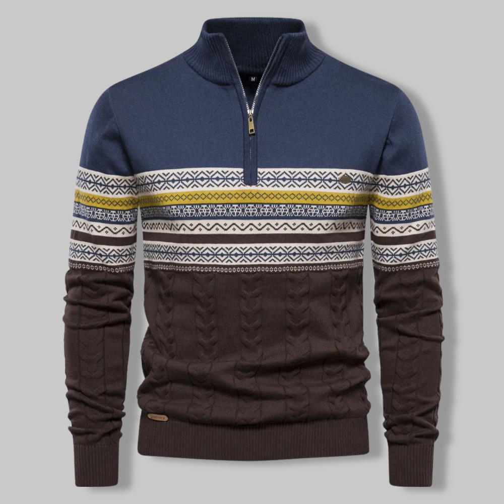 Suéter noruego de hombre con cremallera cuarto. Suéter de punto grueso y cálido, diseño escandinavo para invierno casual.