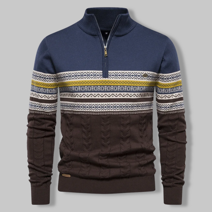 Suéter noruego de hombre con cremallera cuarto. Suéter de punto grueso y cálido, diseño escandinavo para invierno casual.