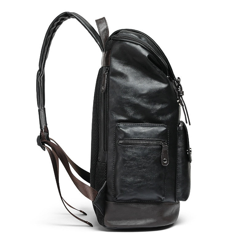 Mochila de hombre negra estilo vintage, gran capacidad. Perfecta para portátil y accesorios en viajes y trabajo.
