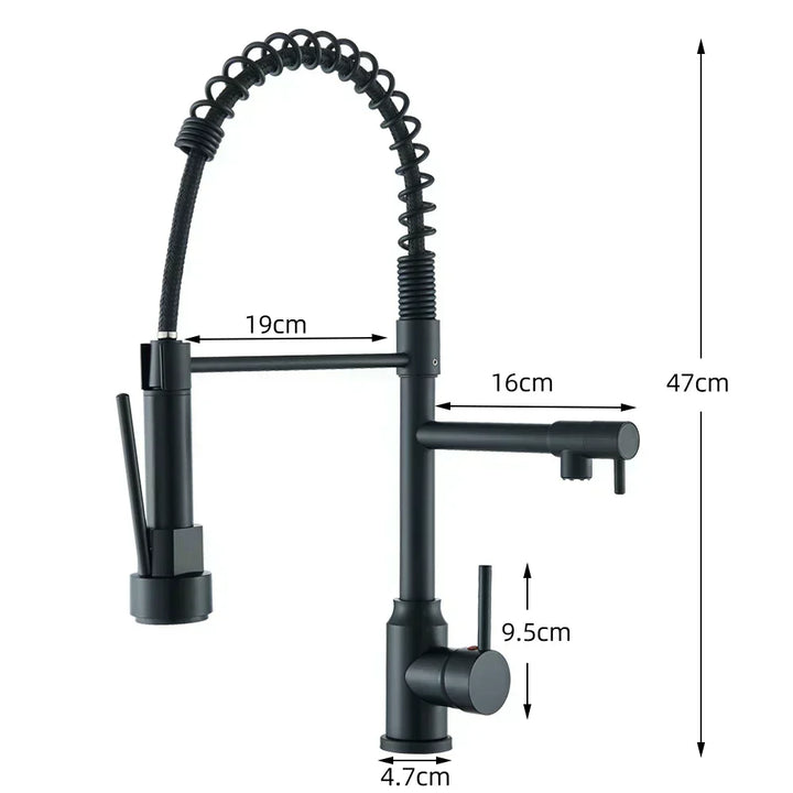 Vista lateral de grifo monomando flexible para cocina en acero.