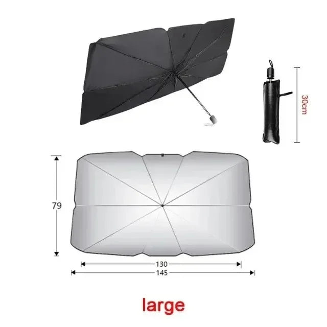 Parasol plegable y compacto para coche, fácil de guardar y desplegar en el parabrisas, ideal para el verano.