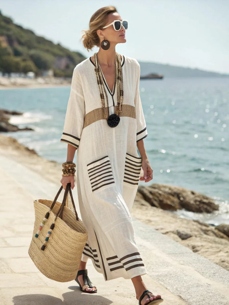 Vestido maxi de lino oversize estilo kaftán para mujer, ideal para verano. Ropa de playa cómoda con escote V.