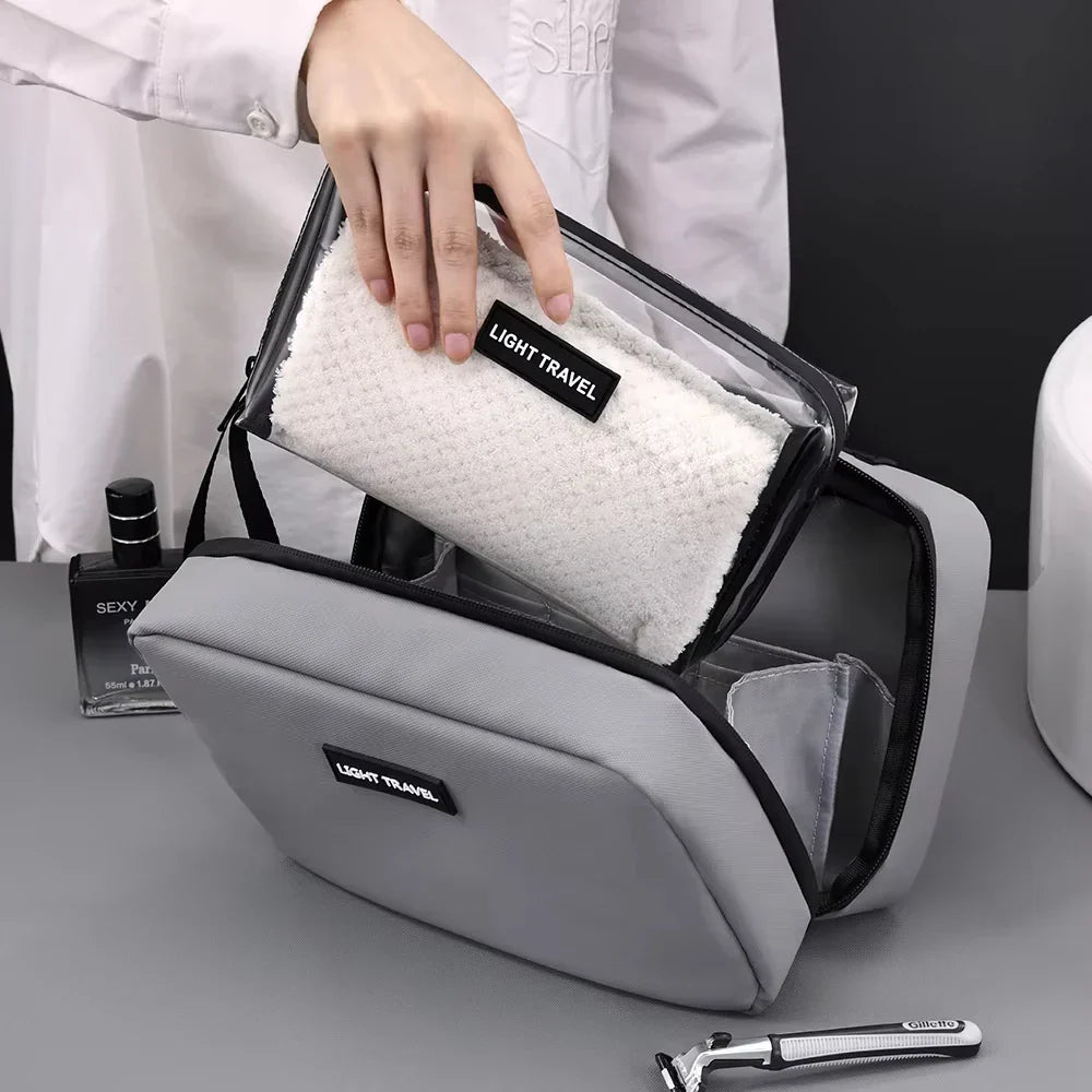 Bolsa de aseo gris impermeable y duradera, organizador de viaje unisex para accesorios personales.