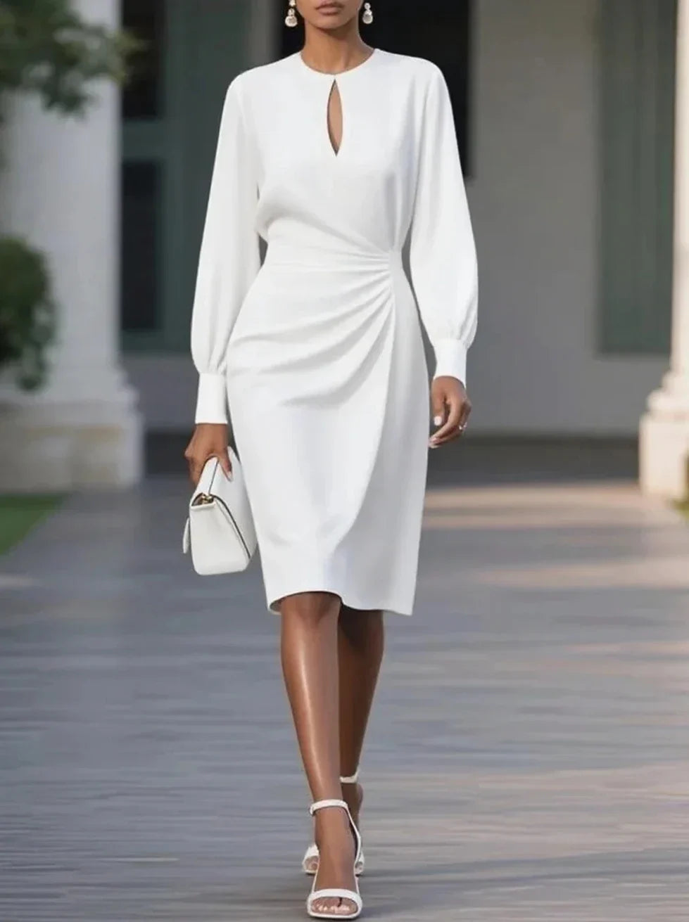 Sofisticado vestido midi formal con manga larga, diseño elegante para mujer, perfecto para graduación.