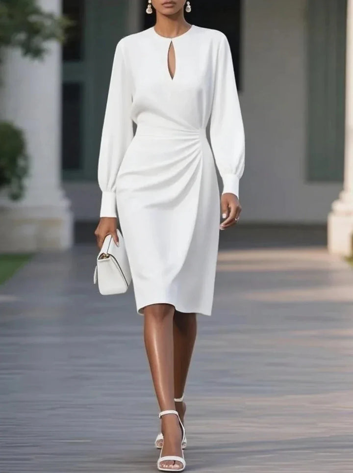 Sofisticado vestido midi formal con manga larga, diseño elegante para mujer, perfecto para graduación.