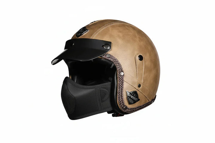 Casco retro 3/4 con certificación DOT, piel sintética duradera para motociclistas exigentes.