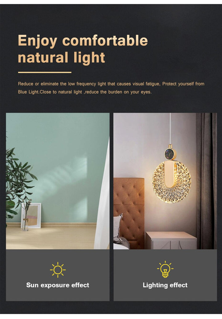 Lámpara colgante LED dorada con forma redonda de cristal, para dormitorio moderno.