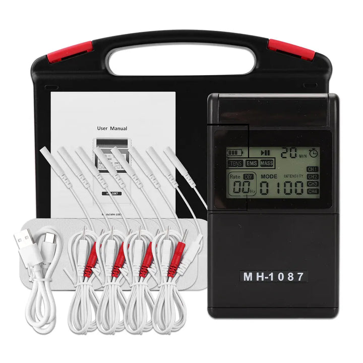 Estimulador eléctrico TENS y EMS compacto con 4 almohadillas para terapia de alivio del dolor muscular.