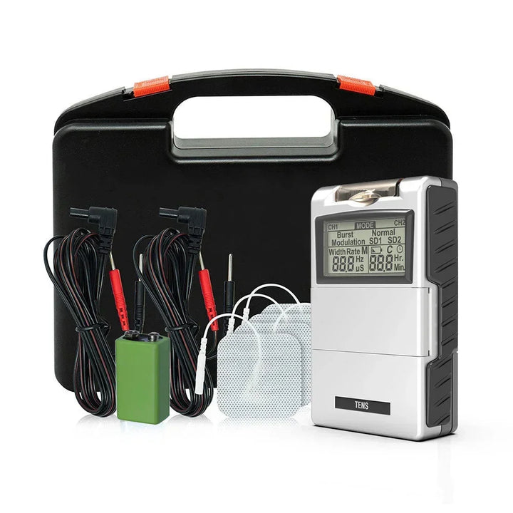 Equipo de fisioterapia TENS EMS con 4 electrodos para rehabilitación y fortalecimiento muscular efectivo.