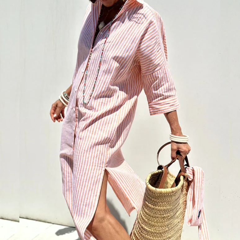 Moda femenina: Vestido camisero de rayas fresco para mujer, estilo midi Savanna, perfecto para verano y oficina.