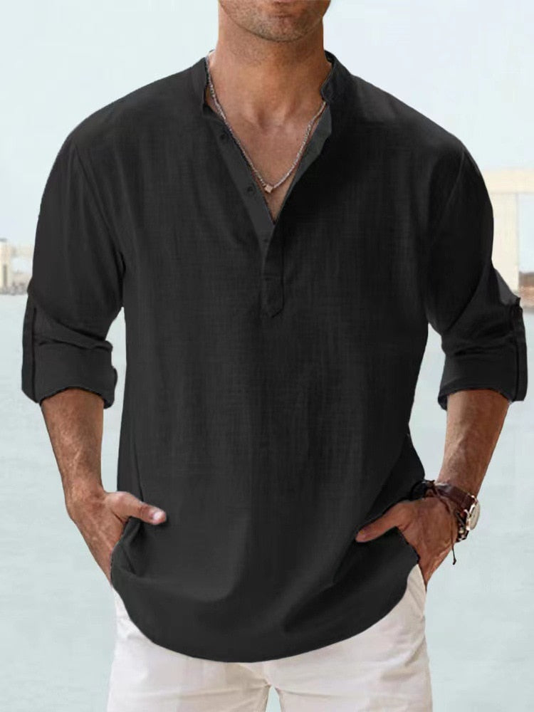 Elegante camisa de lino para hombre, manga larga, perfecta para un estilo casual de moda masculina.