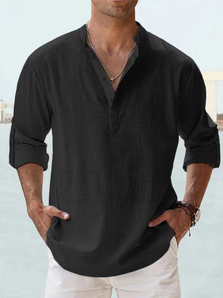 Elegante camisa de lino para hombre, manga larga, perfecta para un estilo casual de moda masculina.