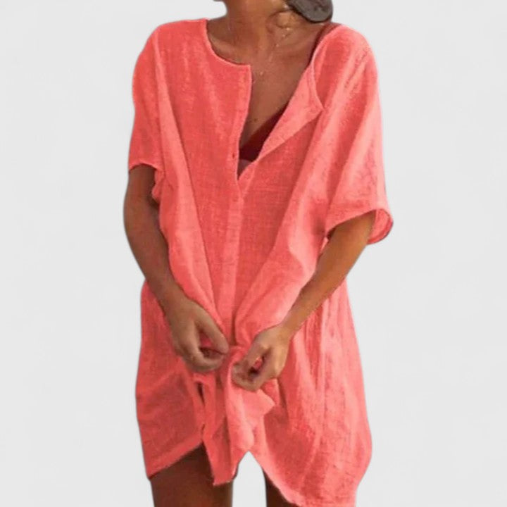 Vestido de verano casual para mujer, túnica de corte suelto y escote V. Moda femenina y cómoda.