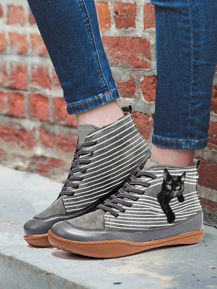 Botines de mujer con diseño de gato, cómodos y con estilo para la moda casual de otoño e invierno.