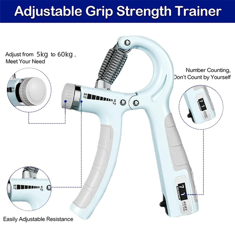 Mejora tu agarre con este entrenador ajustable 5-60kg con contador. Ejercitador de fuerza de mano.