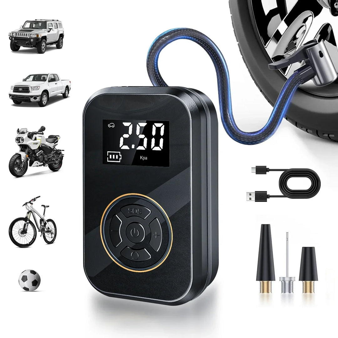 Compresor aire inalámbrico y power bank portátil para coche. Hinchador de neumáticos digital, cargador USB para emergencias.