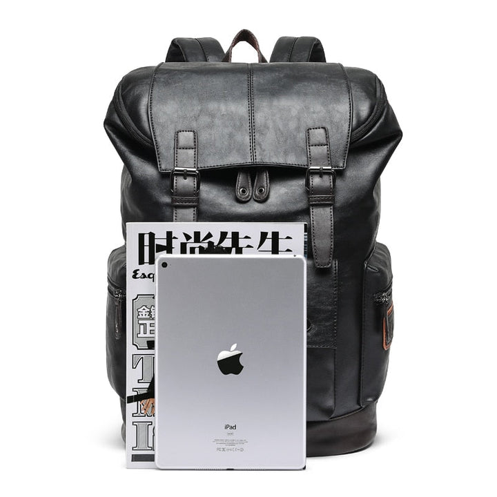 Mochila negra vintage unisex, diseño elegante. Ideal para viajes, trabajo, con espacio para portátil y accesorios.