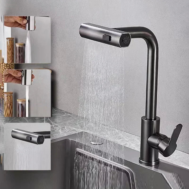 Grifo de cocina cascada moderno con diseño giratorio de acero inoxidable para fregadero de hogar.
