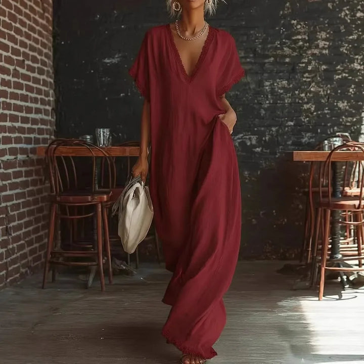 Vestido de verano largo para mujer, con encaje romántico y escote V. Ideal para vacaciones o eventos casuales.