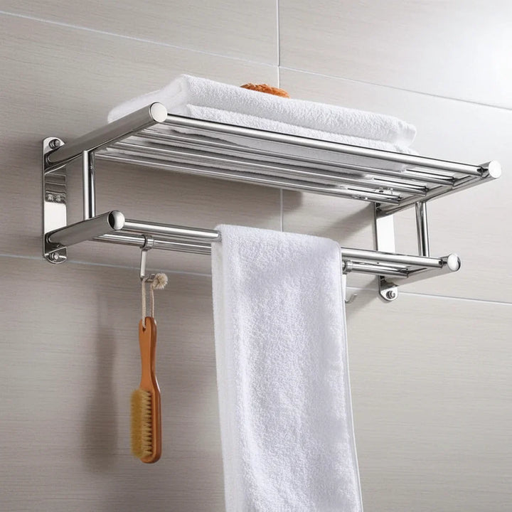 Organizador de toallas STEELRACK acero inoxidable, montaje pared, perfecto para cocinas modernas.