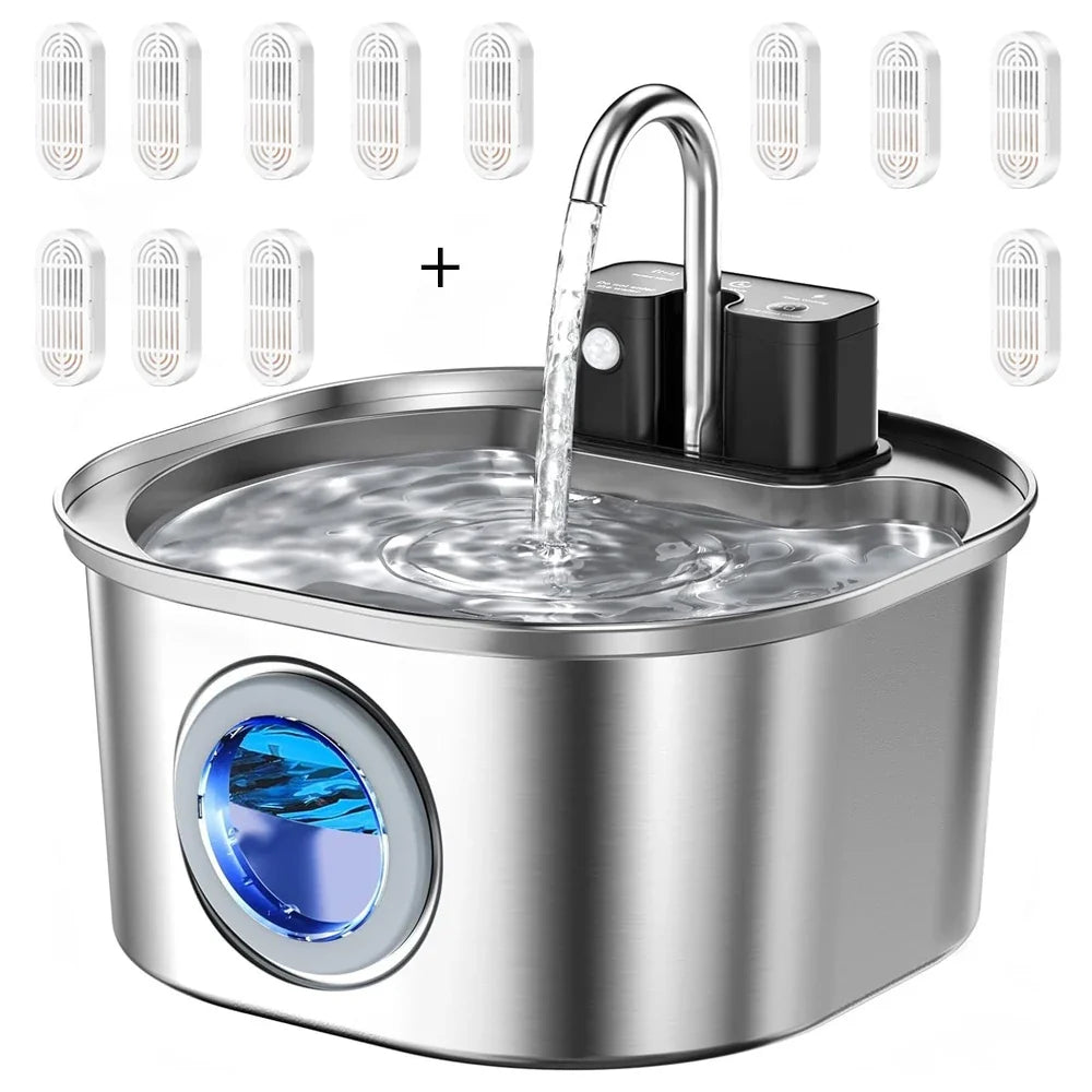 Fuente de agua para gatos y perros inalámbrica, automática y recargable. Bebedero de acero inoxidable de 3L para mascotas.