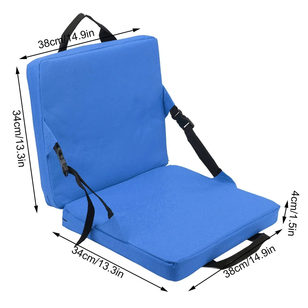 Silla plegable compacta con cojín y respaldo. Ideal para espacios pequeños, fácil de almacenar y llevar.