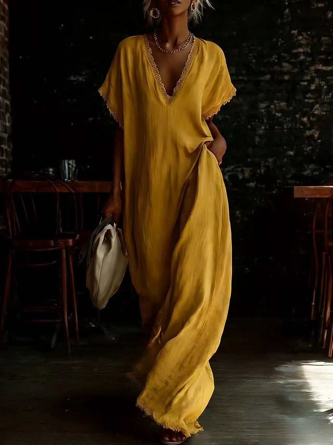 Vestido largo femenino con encaje y escote V, estilo romántico. Perfecto para el verano y ocasiones especiales.