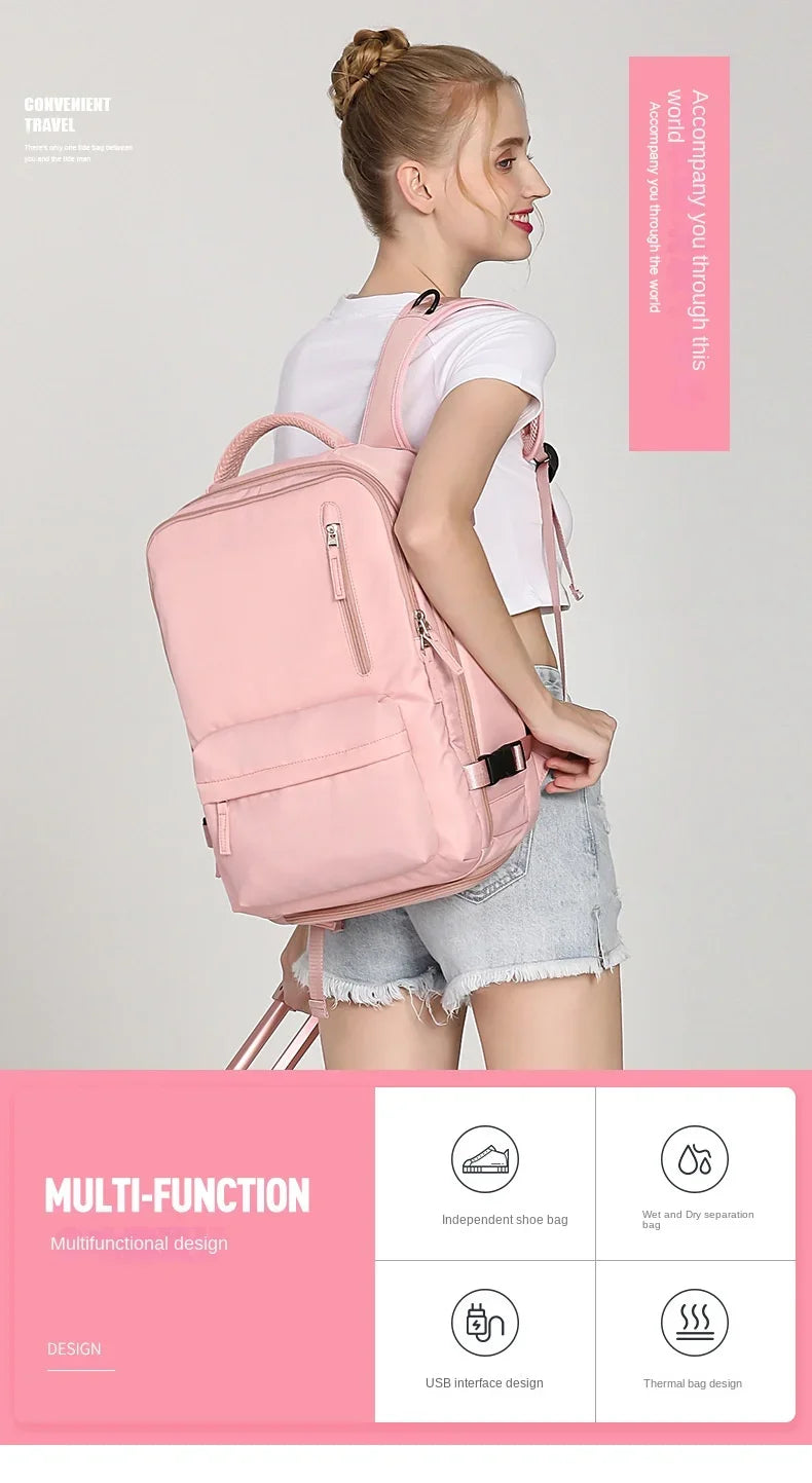 Mochila de nylon unisex para viajes cortos, con carga USB, seguridad y compartimento para zapatos.