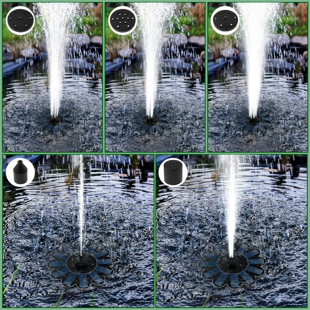 Elegante fuente solar flotante con 5 boquillas de chorro, embelleciendo estanques y jardines con agua en movimiento.