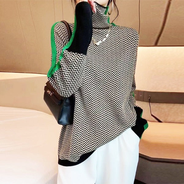 Suéter elegante de cuello alto jaspeado para mujer, cómodo con franja de contraste. Perfecto para otoño-invierno.
