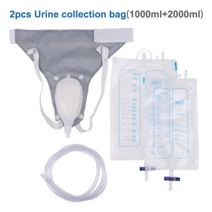 Bolsa colectora de orina de silicona con banda ajustable para confort del paciente.
