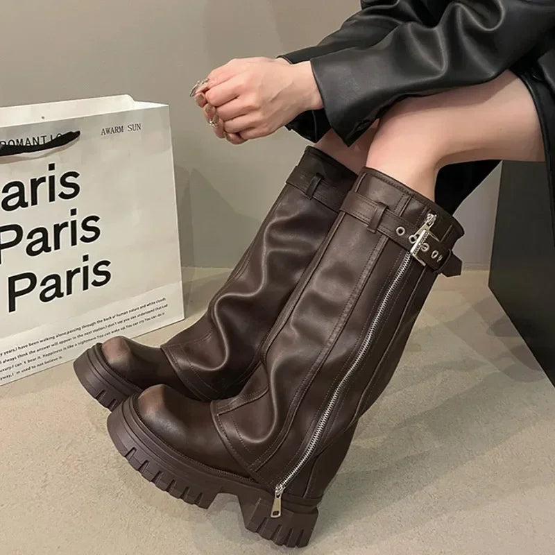 Botas de cuero para mujer, robustas y antideslizantes, ideales para otoño e invierno, confort y moda.