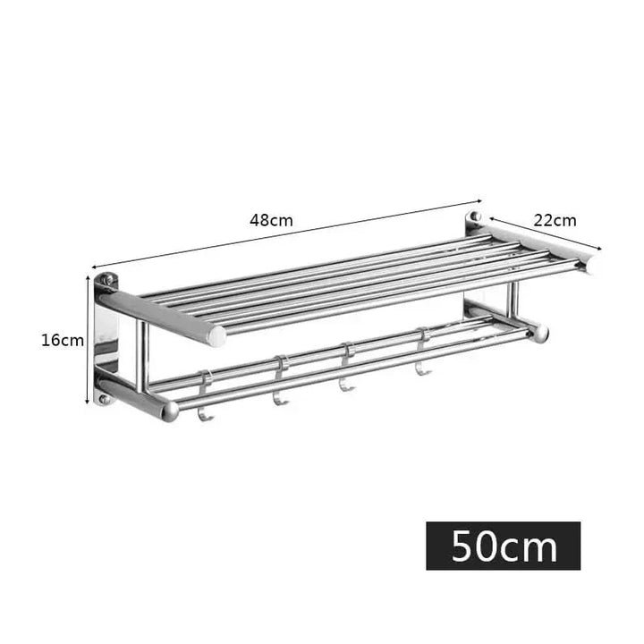 Detalle de soporte toalla STEELRACK de acero inoxidable pulido, ideal para baño y cocina, elegante.
