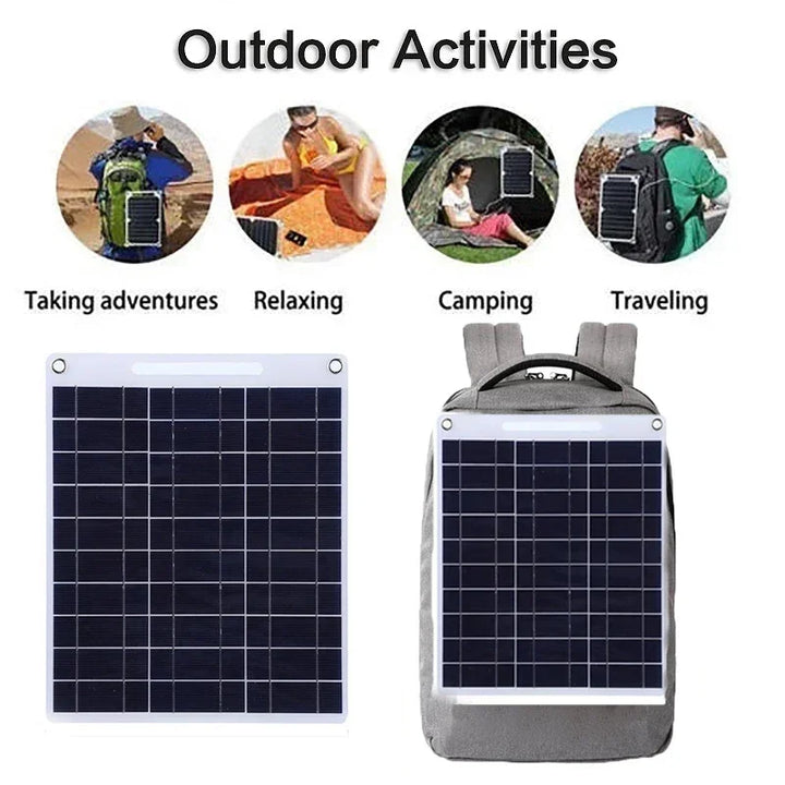Panel solar ecológico de 100W con carga USB, perfecto para alimentar tus dispositivos en viajes y exteriores.