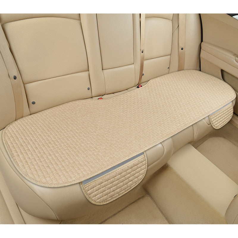 Vista frontal de funda de asiento antideslizante universal de lino para coche.