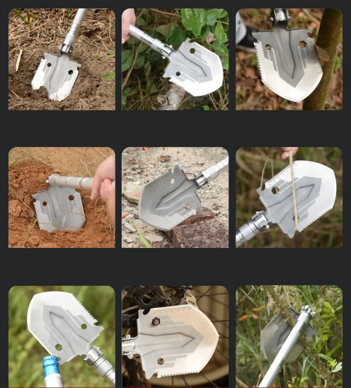 Pala de supervivencia compacta y ligera, herramienta esencial para camping y exploración.