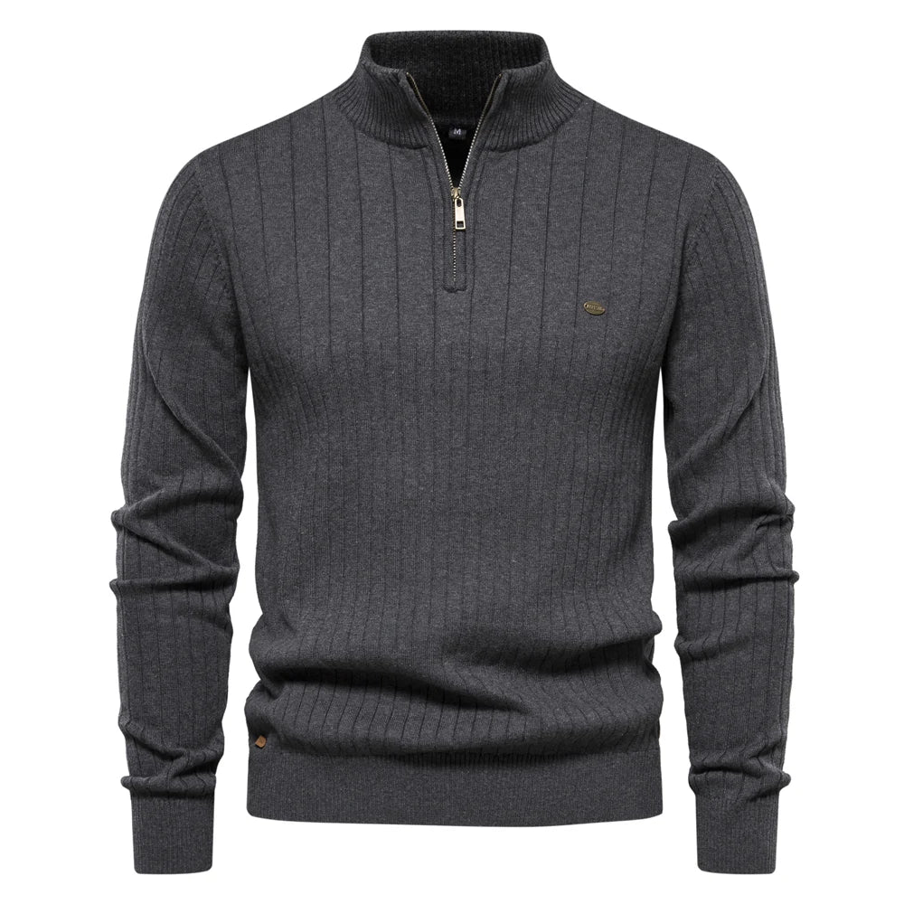 Suéter de punto suave para hombre con cremallera completa, estilo casual y cómodo.