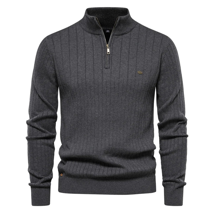 Suéter de punto suave para hombre con cremallera completa, estilo casual y cómodo.