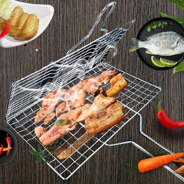 Cesta BBQ plegable de acero inoxidable para asar verduras, camarones y pescados delicados sin que caigan.