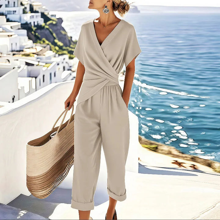 Conjunto de mujer Otilia albaricoque. Top envolvente y shorts, moda fresca y casual para el verano.