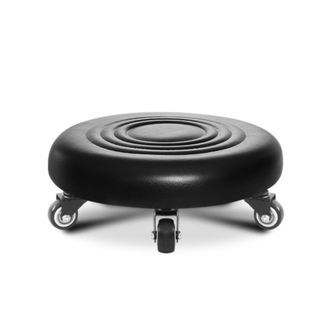 Taburete rodante con ruedas y giro 360° en cuero PU negro para oficina y trabajo flexible.