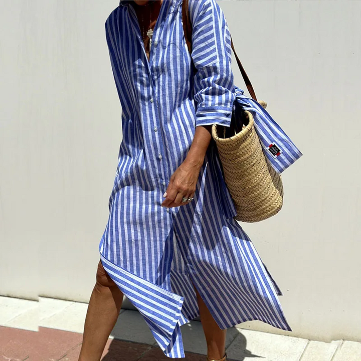 Vestido camisero de rayas Savanna. Diseño midi versátil y fresco para mujer, ideal para moda de verano y oficina.