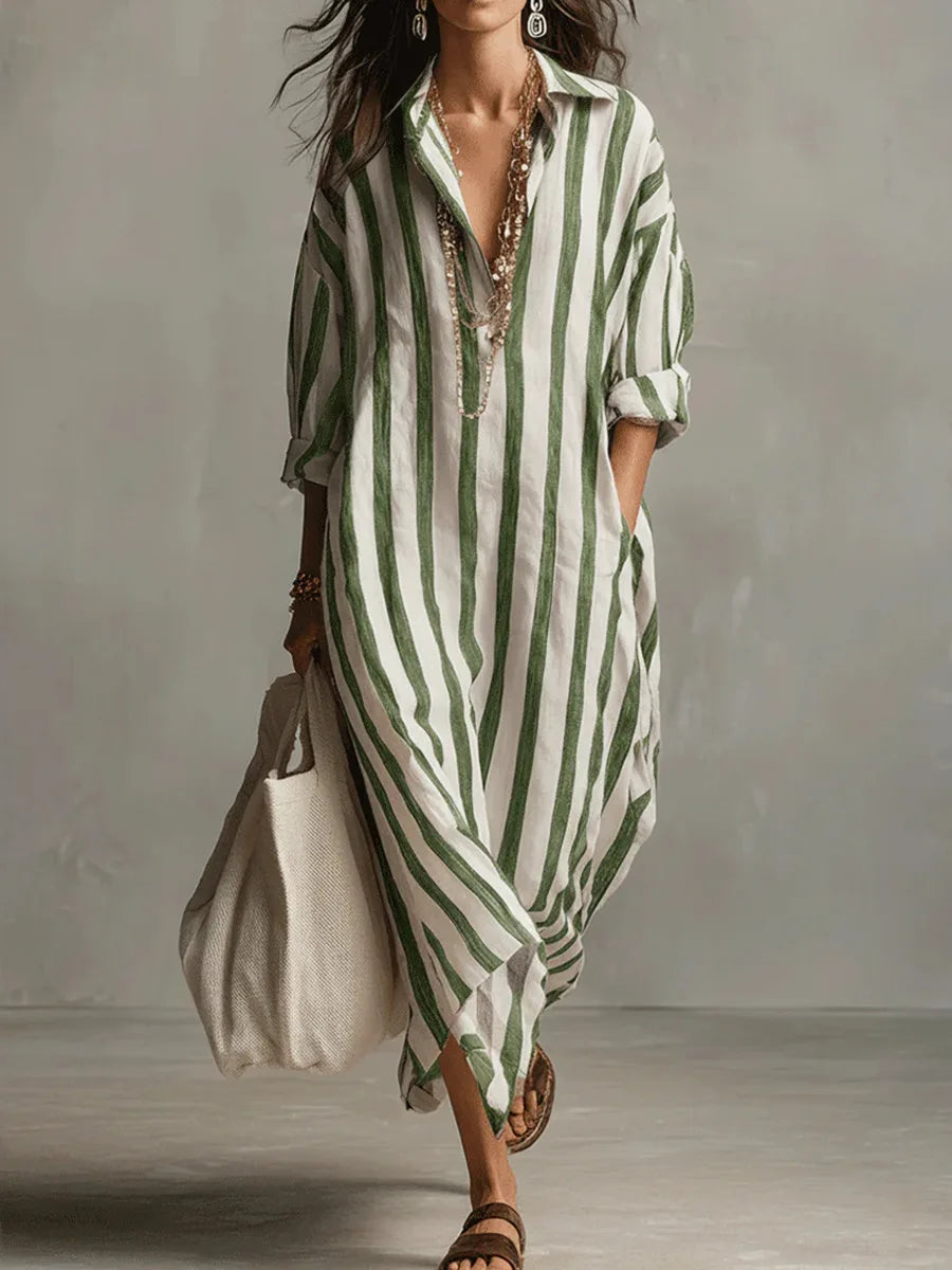 Vestido largo rayado para mujer, estilo camisero fluido, ideal para un look casual de verano.