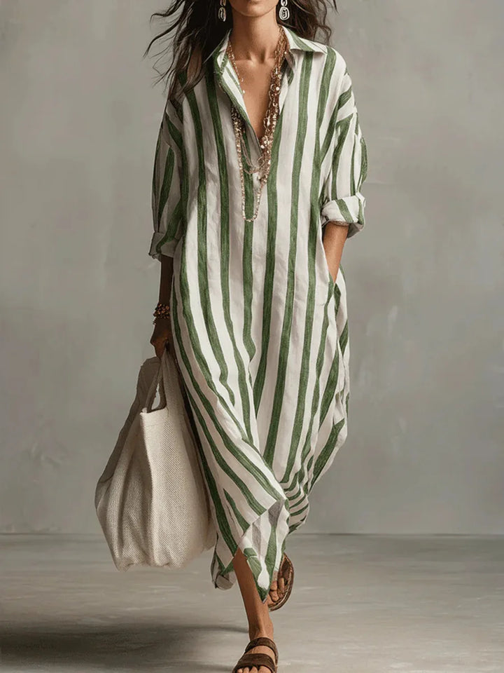 Vestido largo rayado para mujer, estilo camisero fluido, ideal para un look casual de verano.