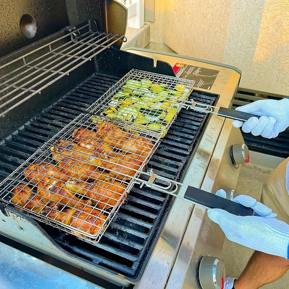 Canasta BBQ plegable antiadherente de acero inoxidable para asar carnes y verduras en parrilla o camping.
