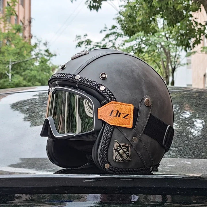 Casco de motociclismo DOT, estilo retro abierto, con forro de piel sintética y ajuste seguro.