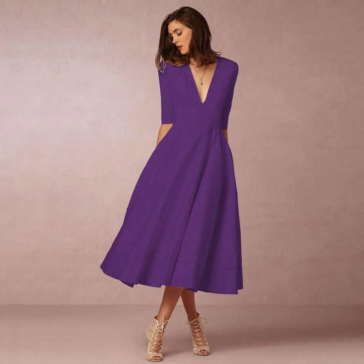 Vestido midi clásico para mujer, escote V y mangas codo. Perfecto para fiestas y ocasiones especiales.