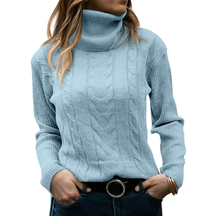 Suéter de punto cálido de cuello alto para mujer, esencial para un invierno elegante y cómodo. Moda femenina.