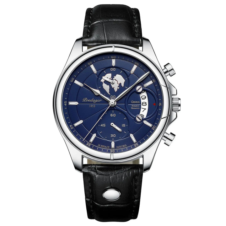 Hombre usando reloj cronógrafo casual de cuero, ideal para un estilo elegante y versátil. Accesorio de moda.