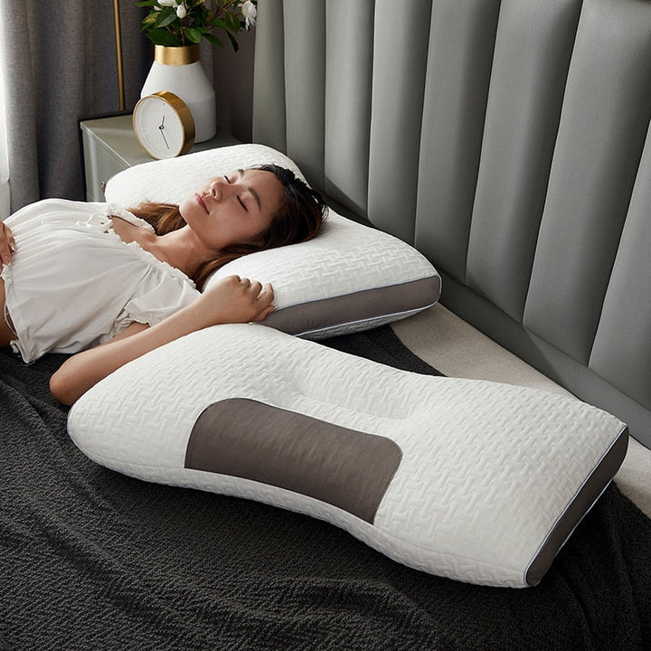 Almohada ergonómica híbrida para soporte cervical, alivio de dolor de cuello y hombros al dormir boca arriba/lado.